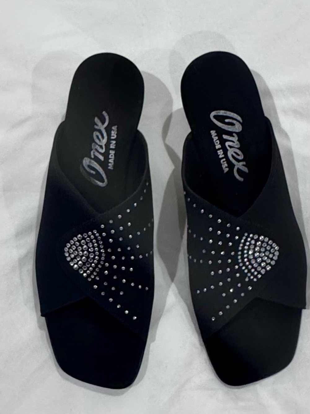 Onex Black Slide Mules with Rhinestone Heart Accents